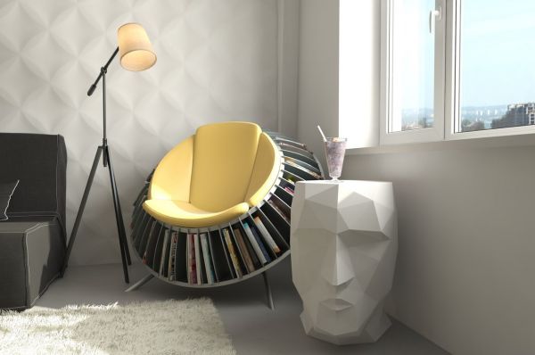 interior-contempo-and-unique-reading-chair-with-built-in-circular-book-rack-and-artistic-white-face-sculpture-marvelous-and-stylish-reading-space-decoration-ideas