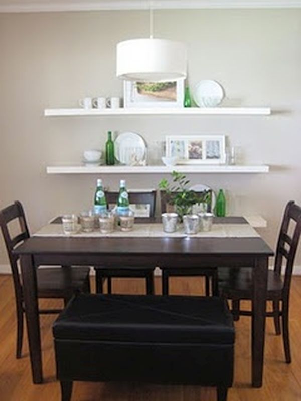 White floating shelves in dining area
